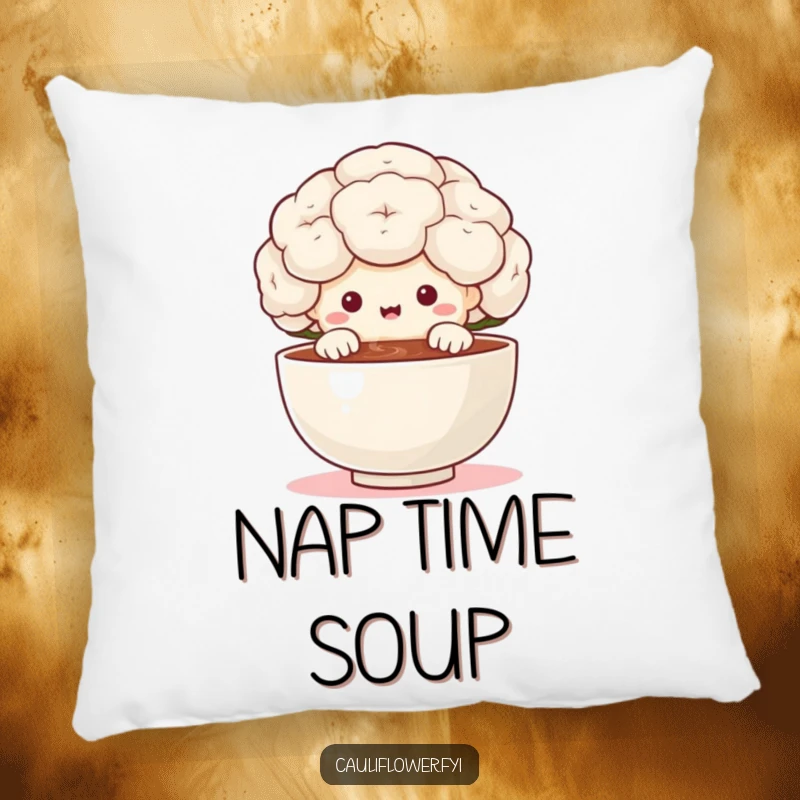 Funny cauliflower character peeking over a tiny steaming bowl with delight on a pillow, offering comfort and a humorous nod to foodie passions.