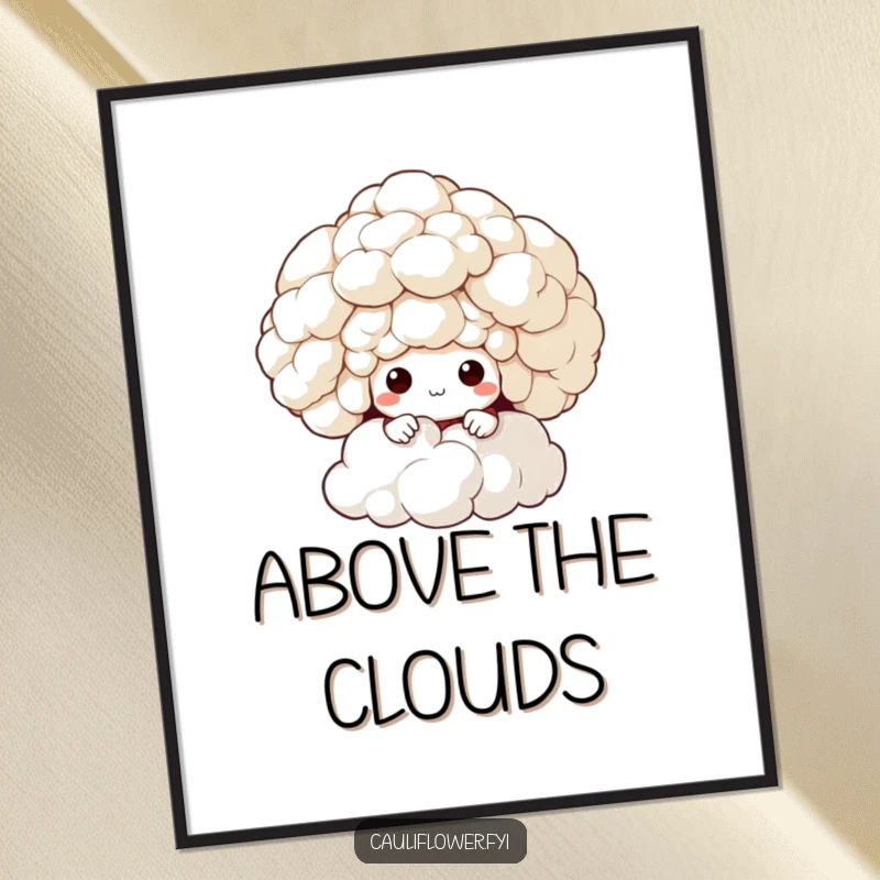 Funny digital art print of a cauliflower character peeking from behind a fluffy cloud, adding whimsical humor.