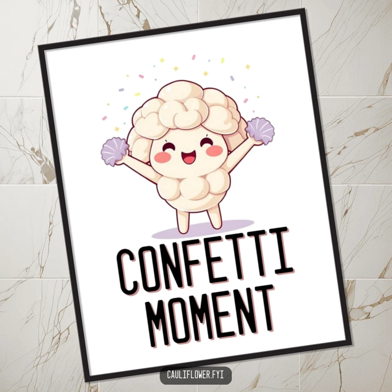 Funny Digital Art Print of a kawaii cauliflower character joyfully cheering with tiny pom-poms and sparkly confetti, ready to be printed.