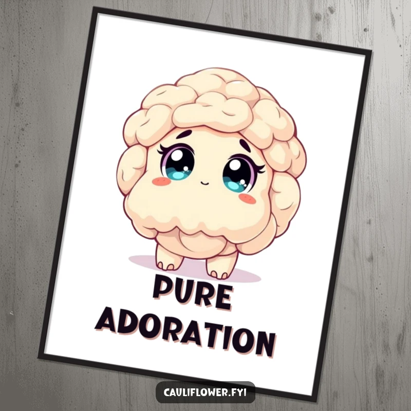 Funny digital art print of a cauliflower character gazing upwards with wide, sparkling, awestruck eyes, a symbol of pure enchantment.