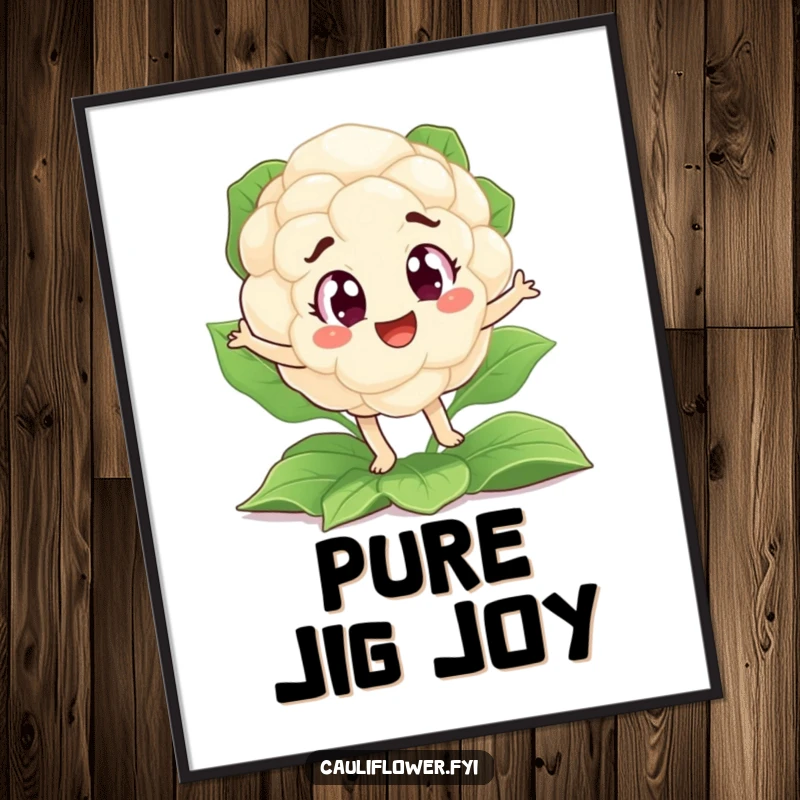 Funny digital art print of a cauliflower with excited eyes performing a hilarious jig on a bed of leaves.