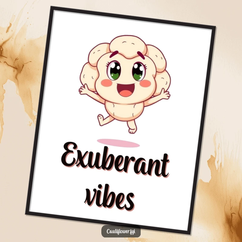 Funny happy cauliflower with wide, excited eyes jumping for joy, a humorous digital art print.