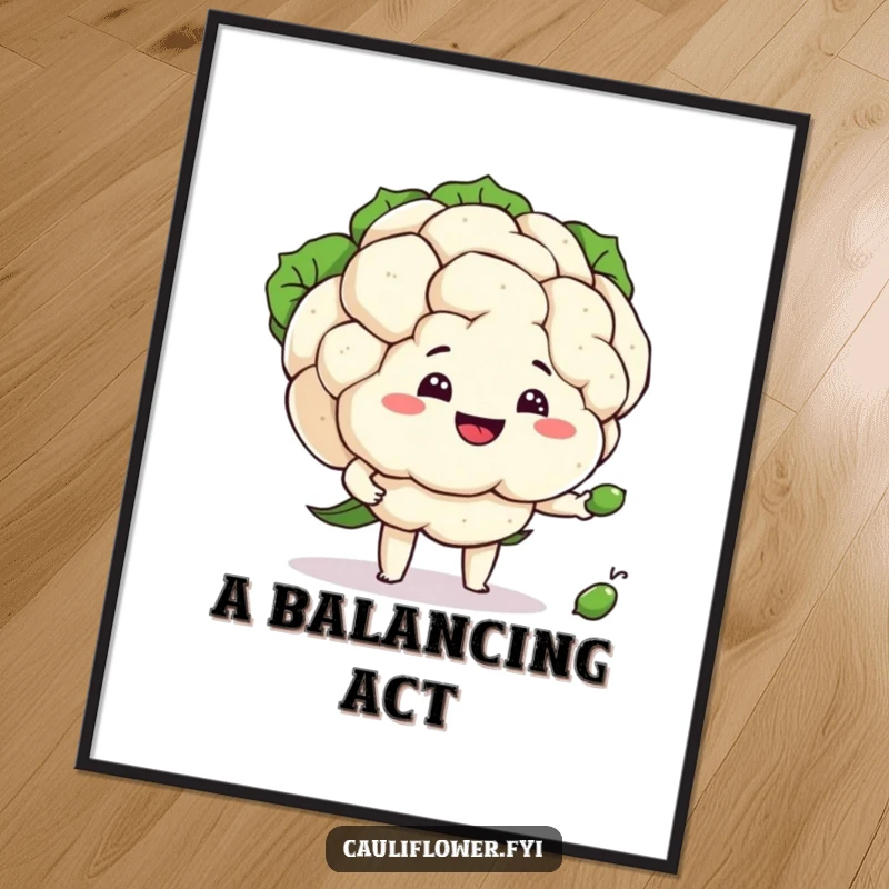 Funny cauliflower with a silly grin attempting to juggle three peas, a humorous digital art print.