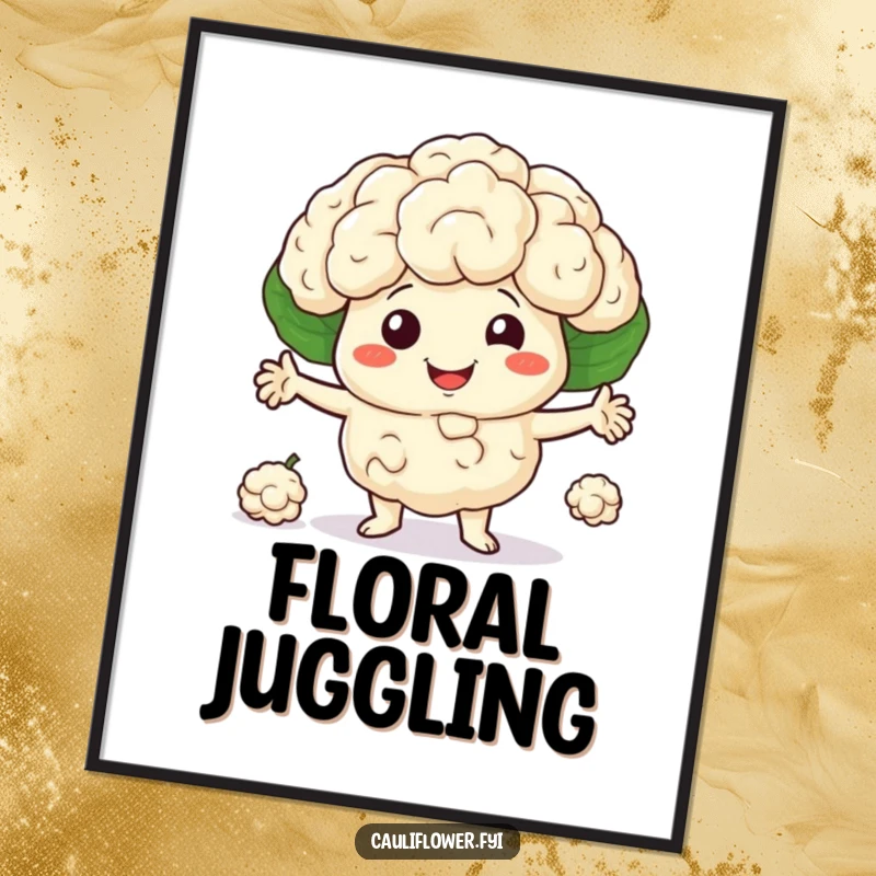 Smiling cauliflower character juggling three little florets as digital art, high-quality skill and humor, perfect funny gift.