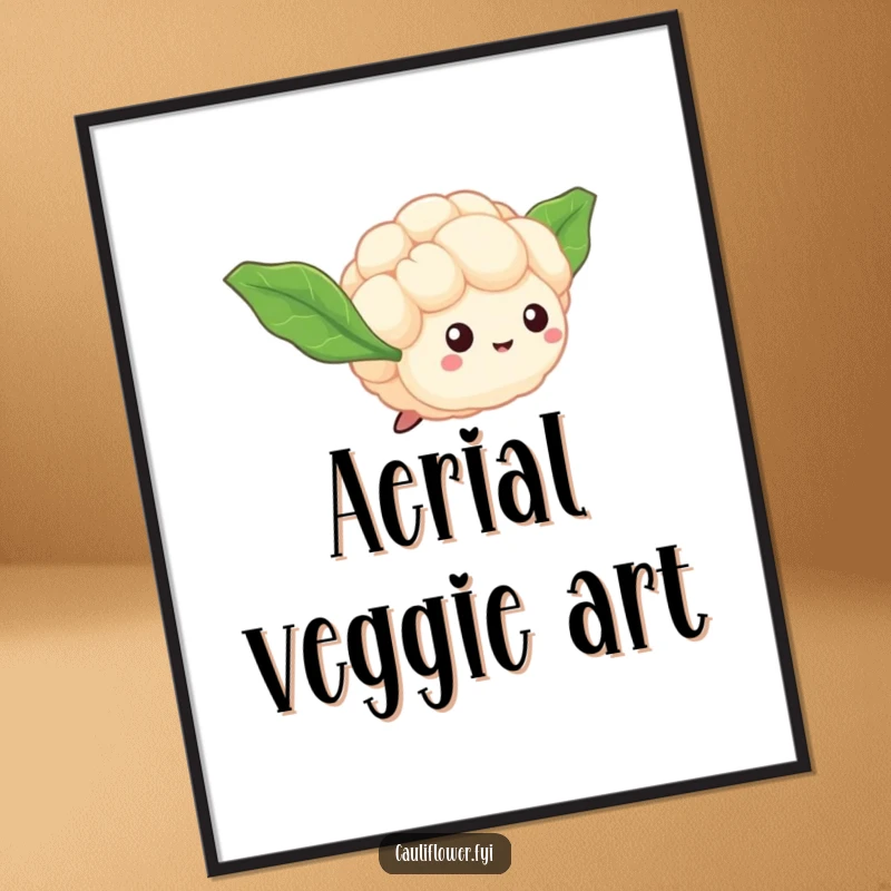 Funny Cauliflower Floret Digital Art Print of a tiny veggie with leaf wings, humorously attempting flight for charming decor.