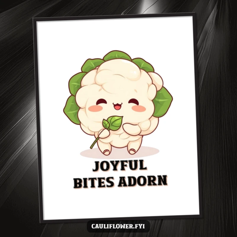 Funny Kawaii cauliflower character happily eating a tiny, smiling sprout, perfect for a digital art print with a cute theme.
