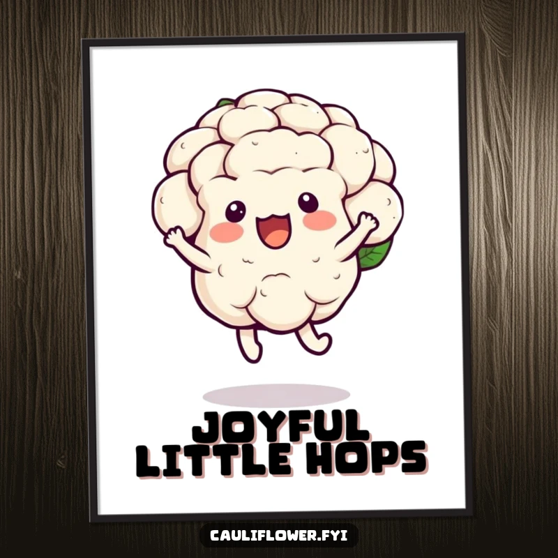 Funny kawaii cauliflower digital art print showing a joyful hop with a bounce, instant humorous decor.