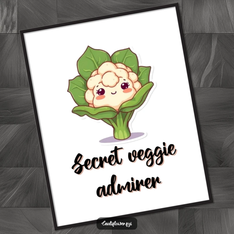 Funny digital art print of a kawaii cauliflower playfully peeking from behind a leaf, adding charming curiosity and playful humor.
