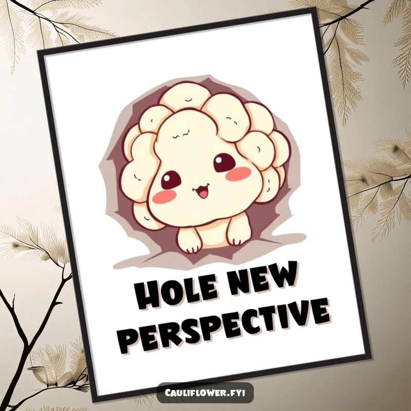 Funny stuck cauliflower digital art print featuring a vegetable character peeking from a hole with a sheepish grin, perfect for humorous decor.