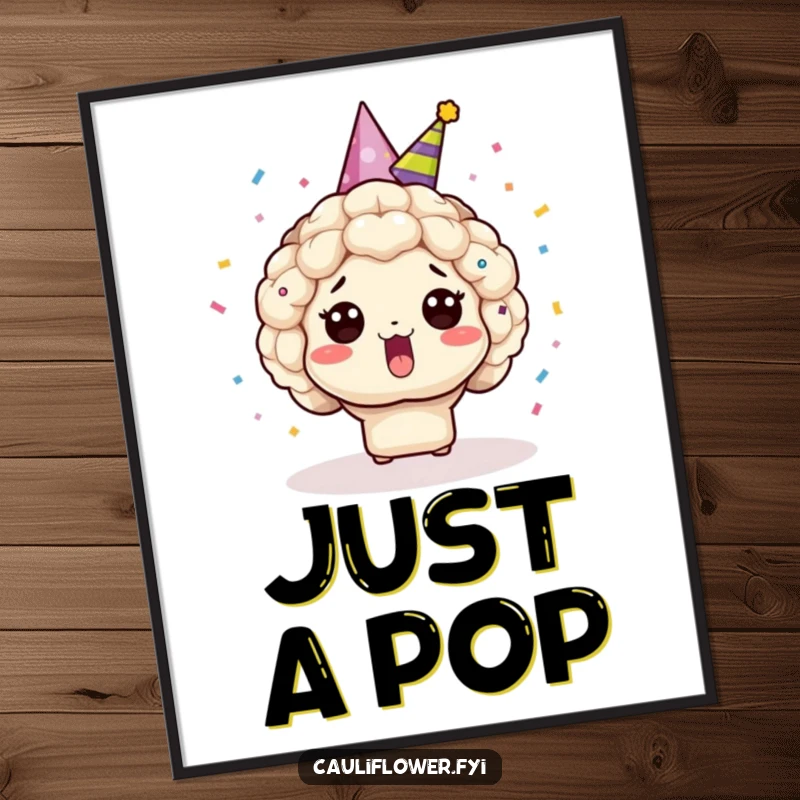 Funny Kawaii cauliflower in a party hat, surprised by confetti, a high-resolution humorous digital print.