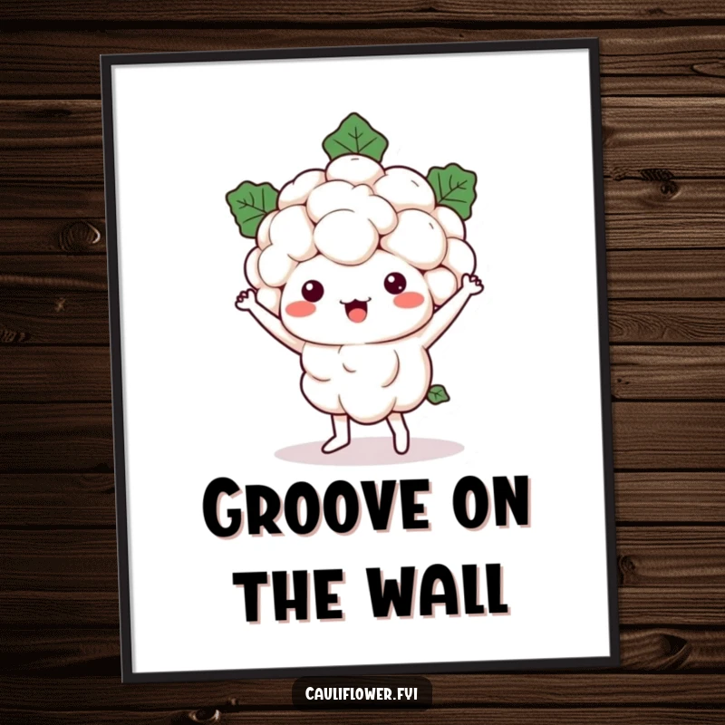 Funny Kawaii cauliflower character in a lively, silly dance pose, perfect for a digital art print to bring humor home.