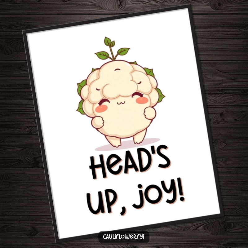 Funny digital art print of a happy cauliflower balancing a tiny sprout on its head, radiating charm.