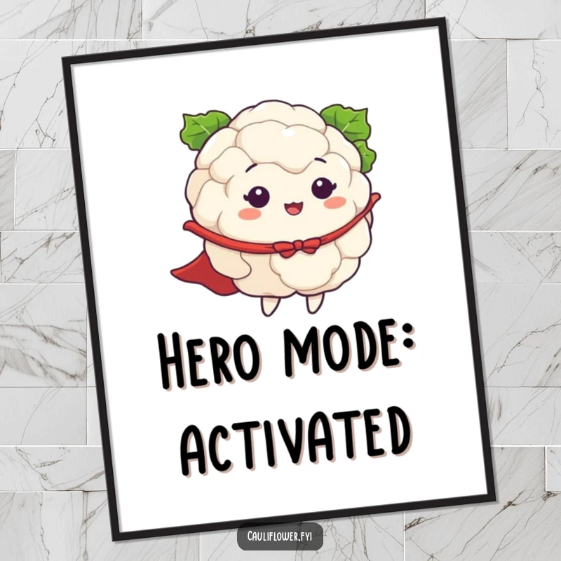 Funny digital art print of a cauliflower wearing a cape and dramatically pretending to fly, radiating optimistic, heroic, and humorous energy.