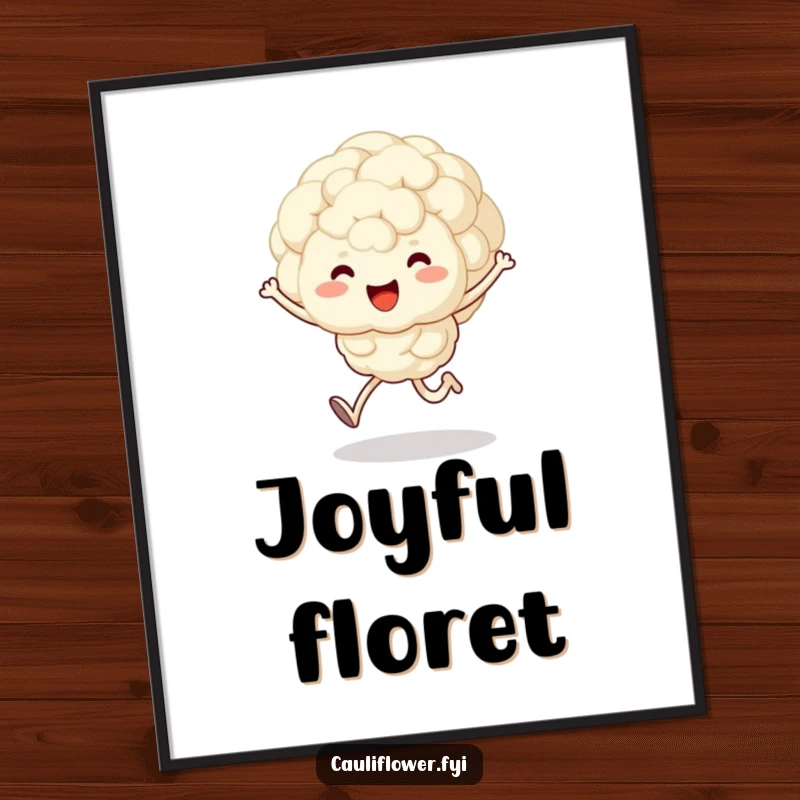 Funny digital art print of a fluffy, kawaii cauliflower character joyfully skipping, bringing instant veggie happiness.