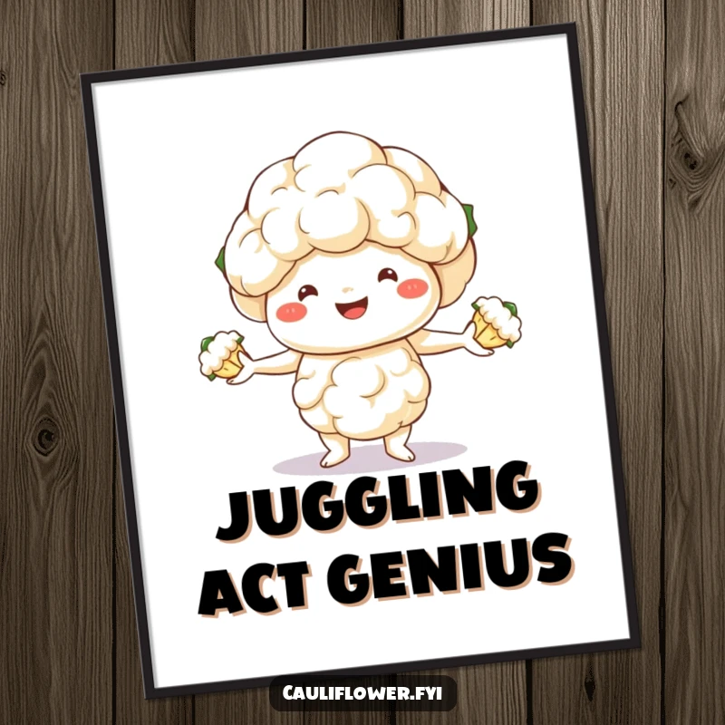Funny digital art print of a smiling cauliflower juggling three florets, perfect for adding humor to any digital display or print.