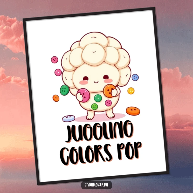 Funny Kawaii cauliflower character cheerfully juggling colorful buttons, perfect for a digital art print with a playful theme.