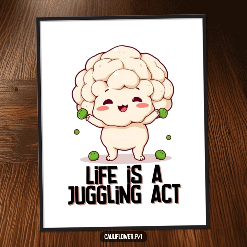 Funny digital art print of a cauliflower happily but clumsily juggling peas, radiating cheerful, vibrant, and humorous energy.