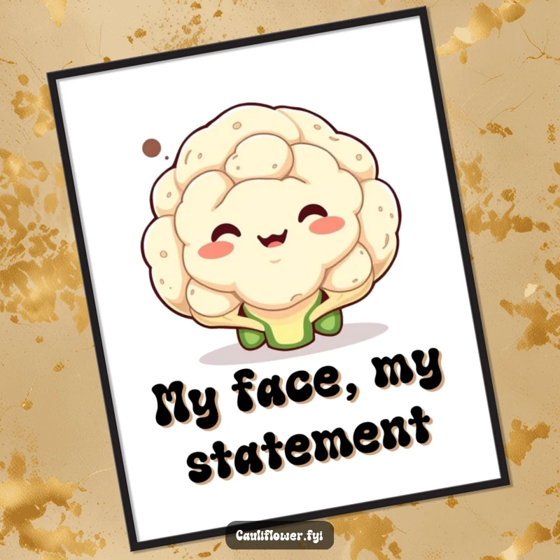 Funny digital art print of a cauliflower making an exaggerated, comical face within a speech bubble, radiating humorous character.