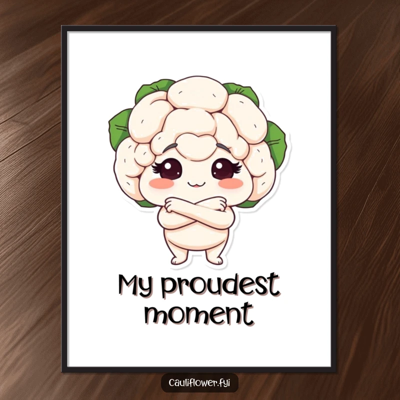 Funny digital art print of a cauliflower head with arms crossed proudly, ideal for adding bold and humorous visual appeal.