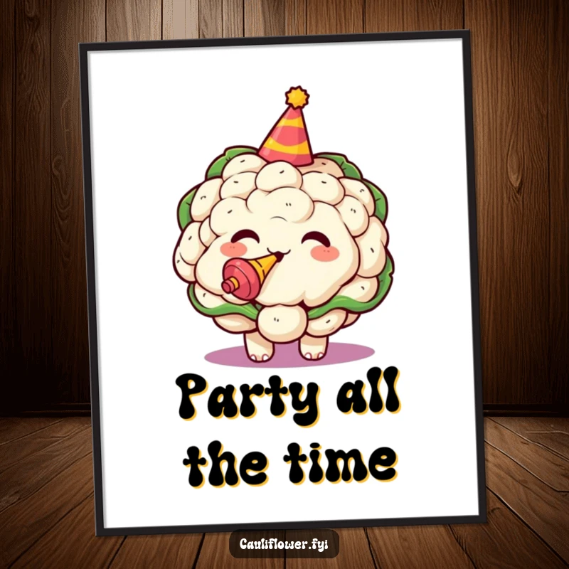 Funny digital art print of a kawaii cauliflower wearing a party hat and blowing a noisemaker with excitement.