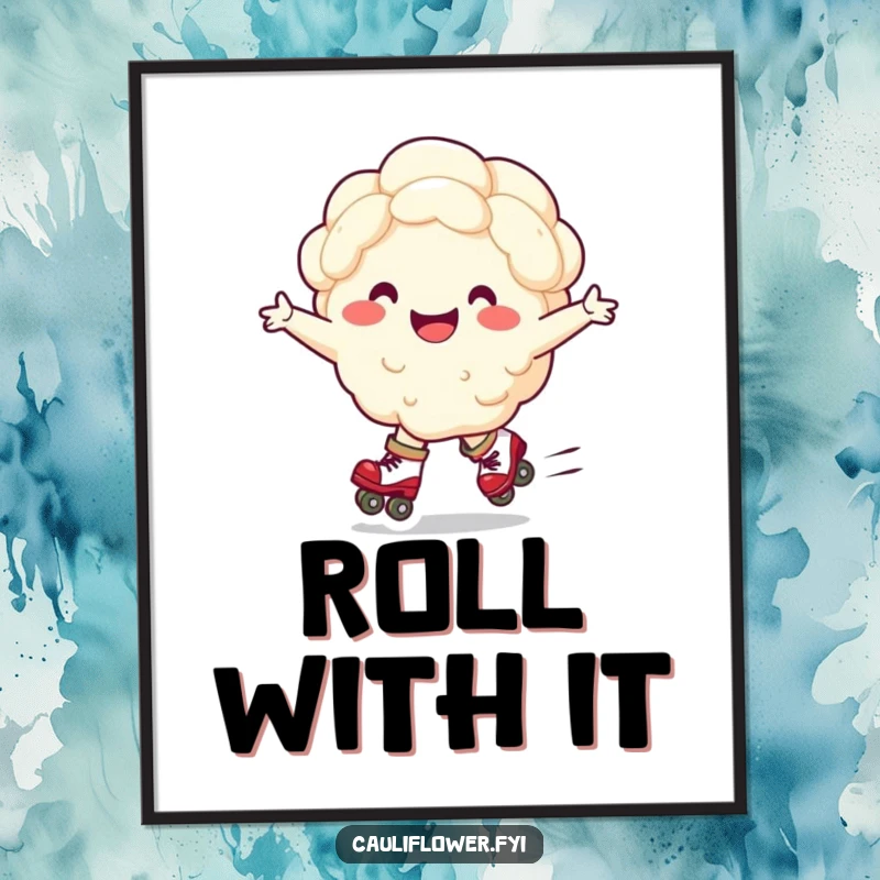 Funny digital art print of a laughing cauliflower character roller skating with arms wide, a vibrant piece of vegetable humor.