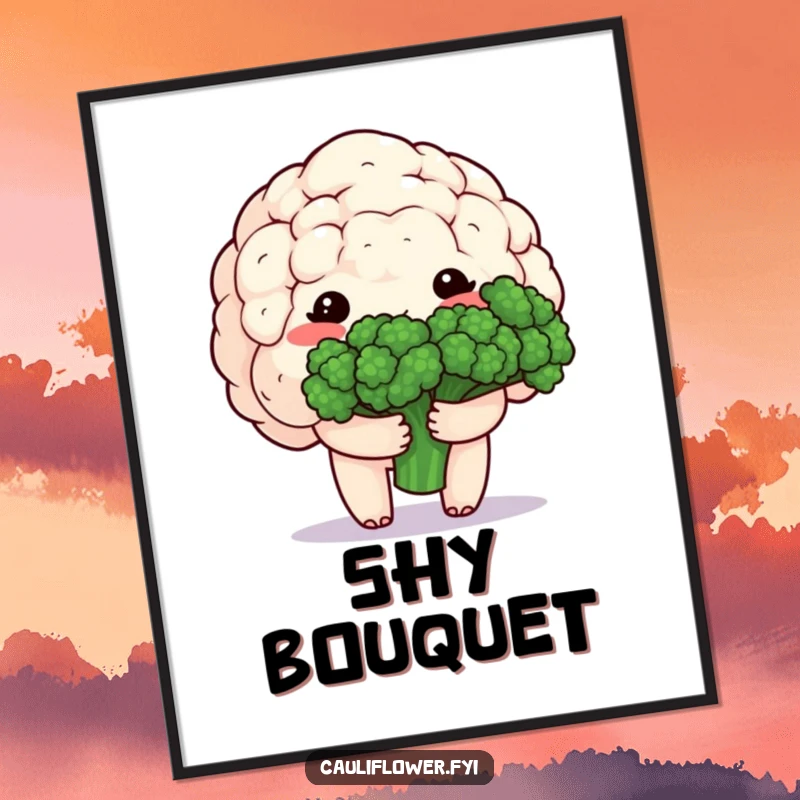 Funny digital art print of a shy, blushing kawaii cauliflower holding a bouquet of broccoli, bringing instant gentle sweetness.