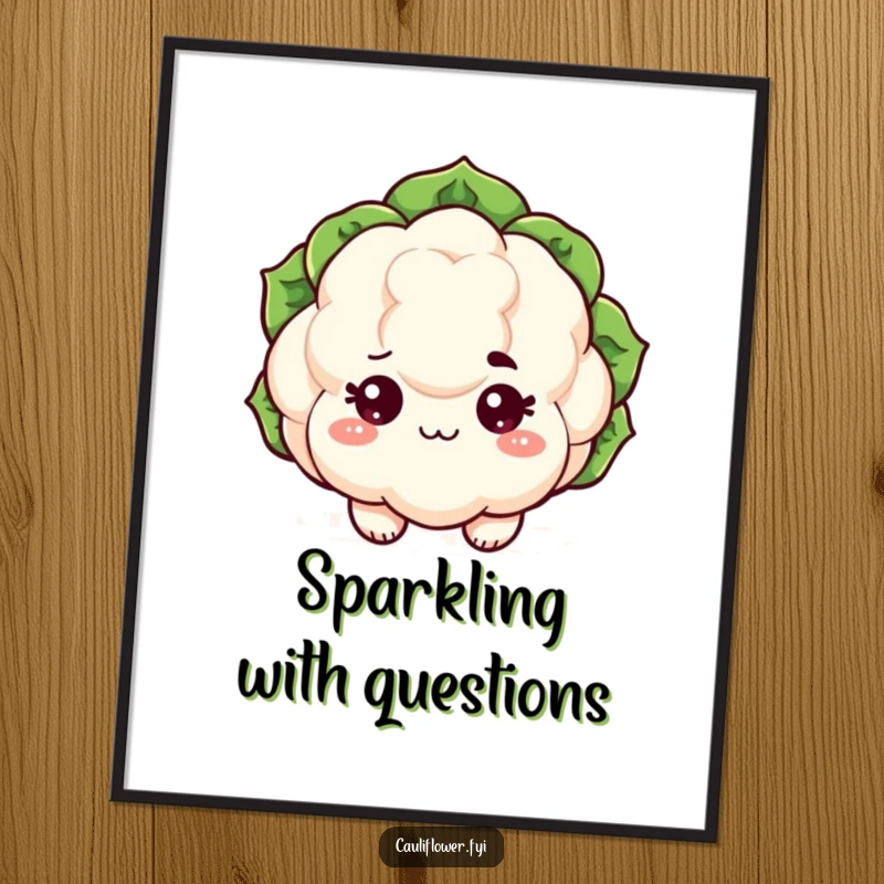 Funny kawaii cauliflower digital art print with sparkling eyes and a raised eyebrow, instant sassy decor.