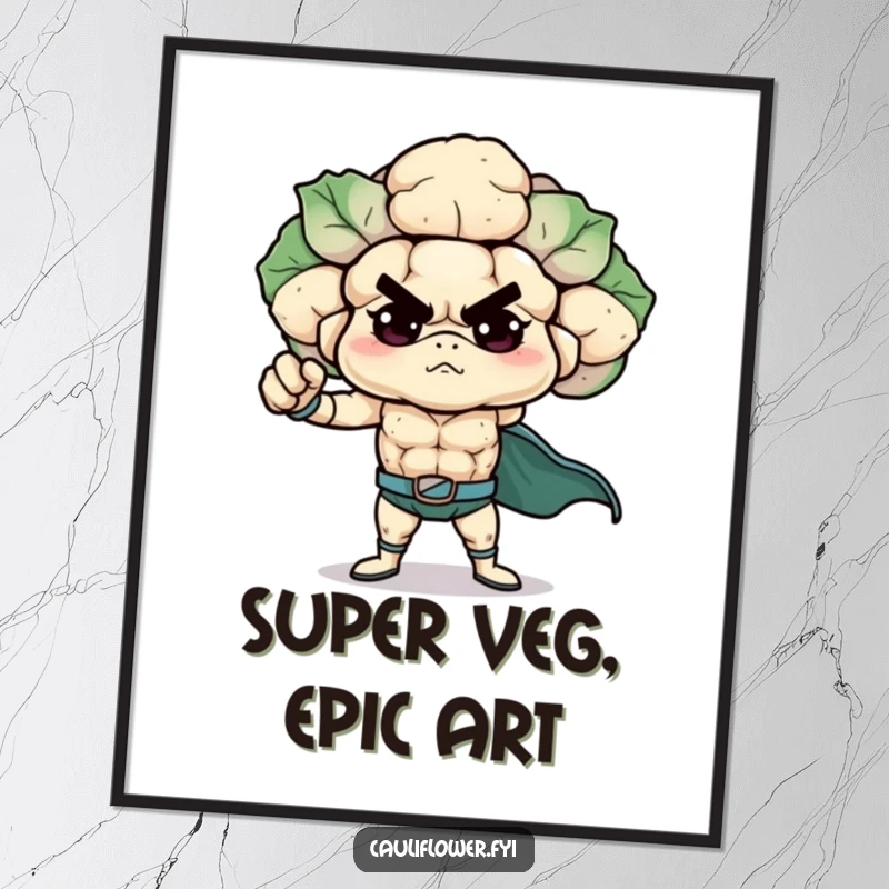 Funny Cauliflower Digital Art Print of a determined veggie hero striking a powerful superhero pose, ideal for humorous wall decor.