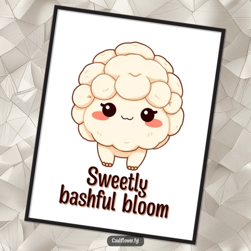 Funny digital art print of a shy kawaii cauliflower blushing, radiating sweet charm and bashful beauty for instant wall decor.