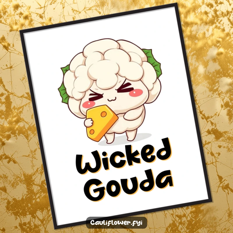 Funny Digital Art Print of a mischievous kawaii cauliflower character winking playfully while holding a slice of cheese, ready for printing.