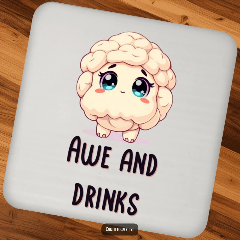 Funny coaster featuring a delightful cauliflower character looking up with wide, sparkling eyes, embodying innocent wonder.