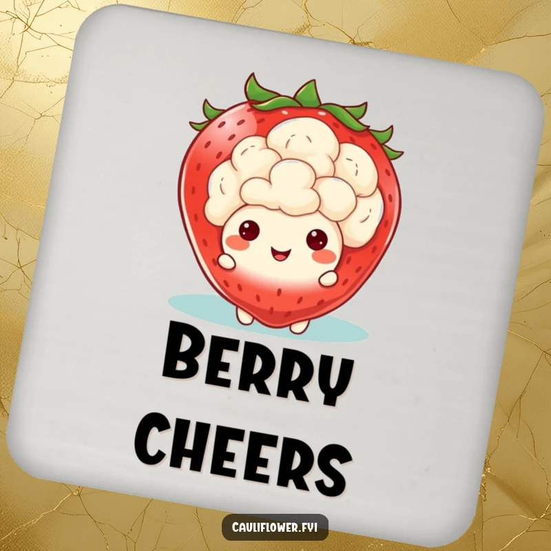 Funny Kawaii Cauliflower Coaster: A coaster featuring a cauliflower peeking from behind a giant smiling strawberry, bringing a fun fruity vibe.