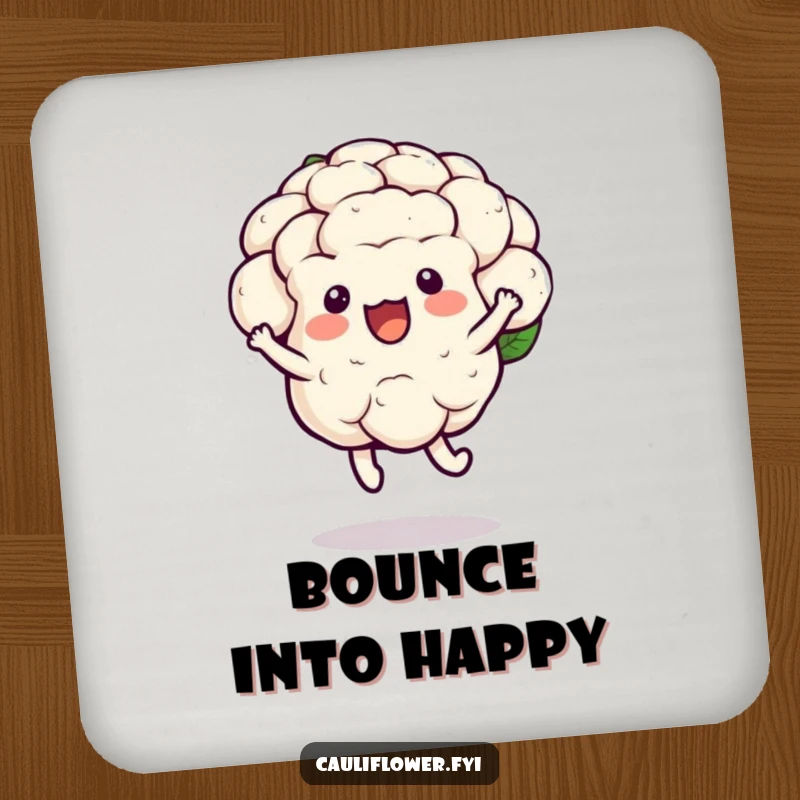 Funny kawaii cauliflower coaster depicting a joyful hop with a bounce, humorous table protection.