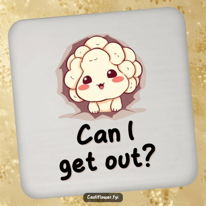 Funny cauliflower coasters featuring a character stuck in a hole with a sheepish grin, protecting surfaces with relatable humor.