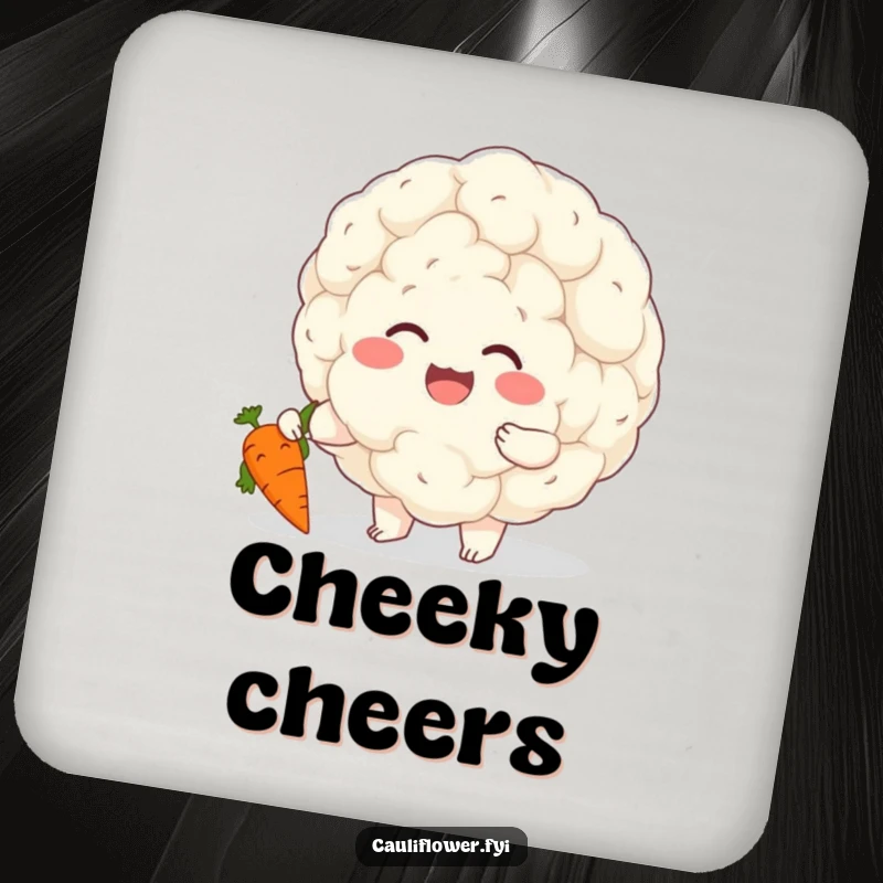 Funny drink coaster featuring a cheerful cauliflower giggling while tickling a small carrot, bringing playful veggie cheer.