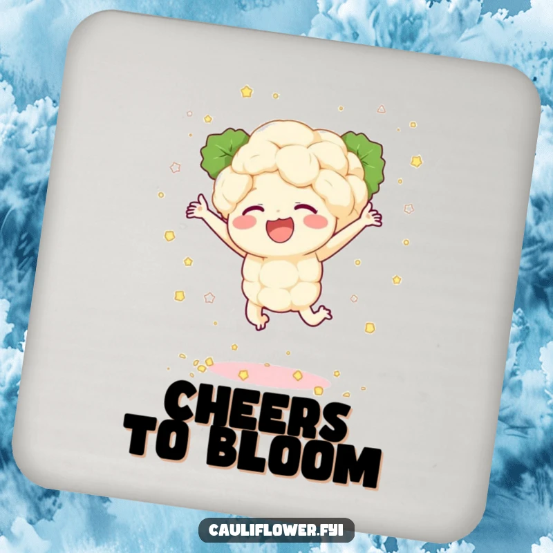Funny drink coaster with a cauliflower character joyfully leaping, scattering tiny florets like confetti, protecting surfaces with veggie humor.
