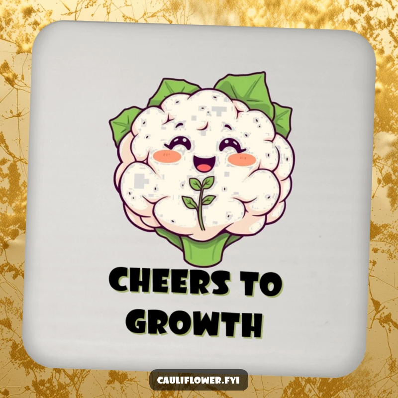 Funny drink coaster featuring a smiling cauliflower with a tiny, happy cauliflower seedling sprouting, bringing tabletop growth.