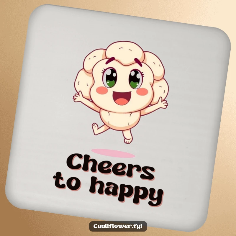 Funny happy cauliflower jumping for joy on a coaster, adding cheerful humor to tabletops.