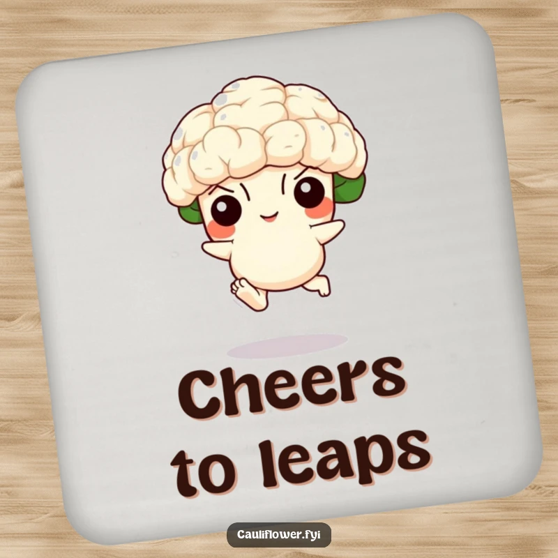 Funny drink coaster with a leaping cauliflower design, protecting surfaces with a dose of vegetable-themed amusement.