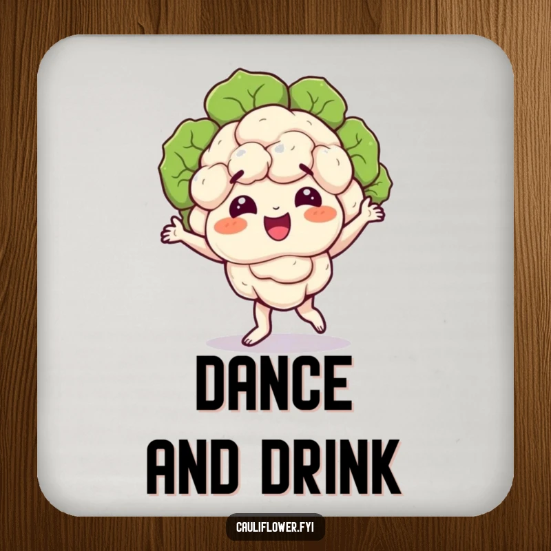 Funny coaster featuring a delightful cauliflower character doing a silly dance, florets wobbling, adding a humorous flair to any surface.