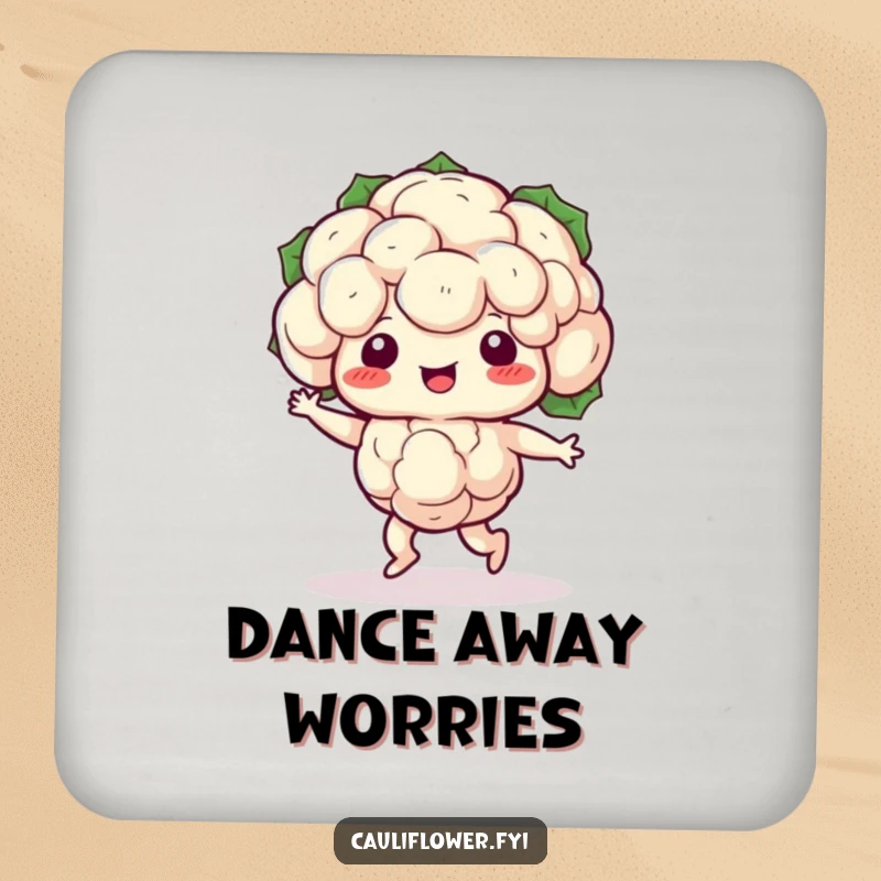 Funny Kawaii cauliflower doing a silly shuffle dance, a humorous and protective drink coaster.