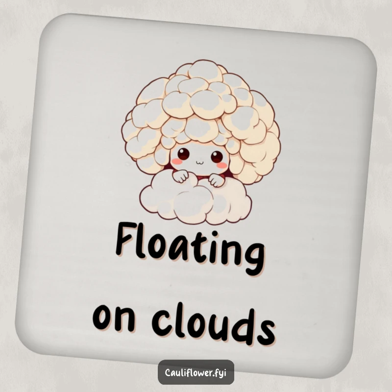 Funny drink coaster featuring a cauliflower character peeking from behind a cloud, protecting furniture with a humorous touch.