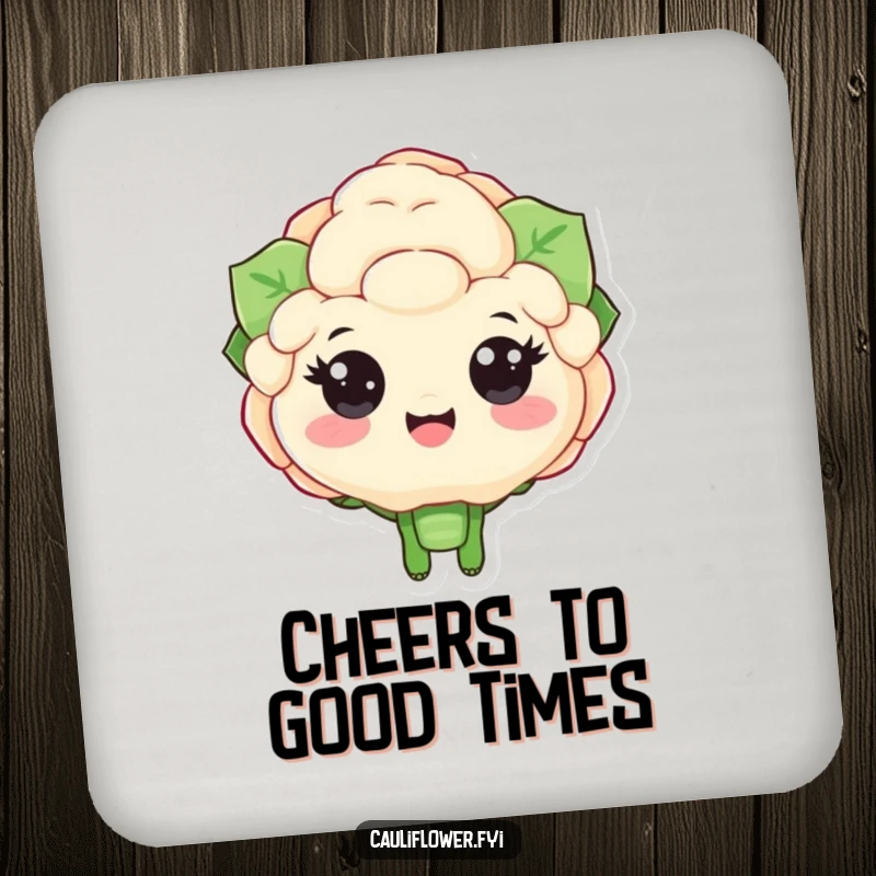 Funny drink coaster showcasing a big-eyed cauliflower character cheering joyfully, perfect for adding enthusiastic and humorous protection to tables.