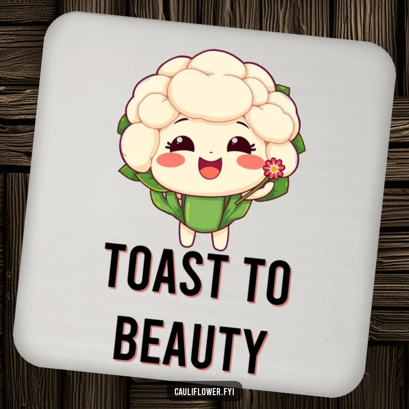 Funny drink coaster featuring a delighted cauliflower character offering a tiny, sparkling flower with a sweet expression.