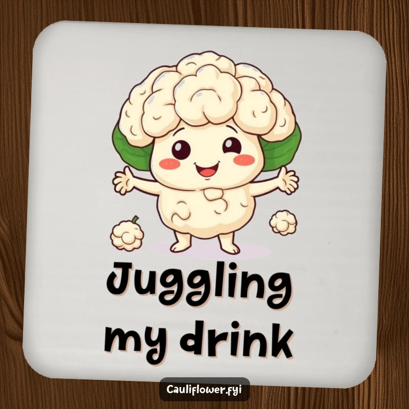 Smiling cauliflower character juggling three little florets on a drink coaster, adding skill and humor, funny gift.