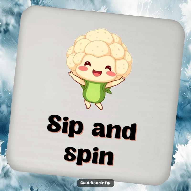 Funny drink coaster showcasing a smiling cauliflower floret in a pirouette, perfect for adding artistic and humorous protection to tables.