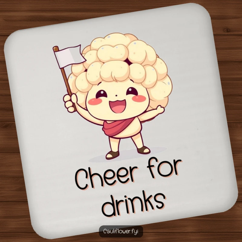 Funny coaster featuring a delightful cauliflower character waving a tiny flag, radiating enthusiasm and supportive vibes.