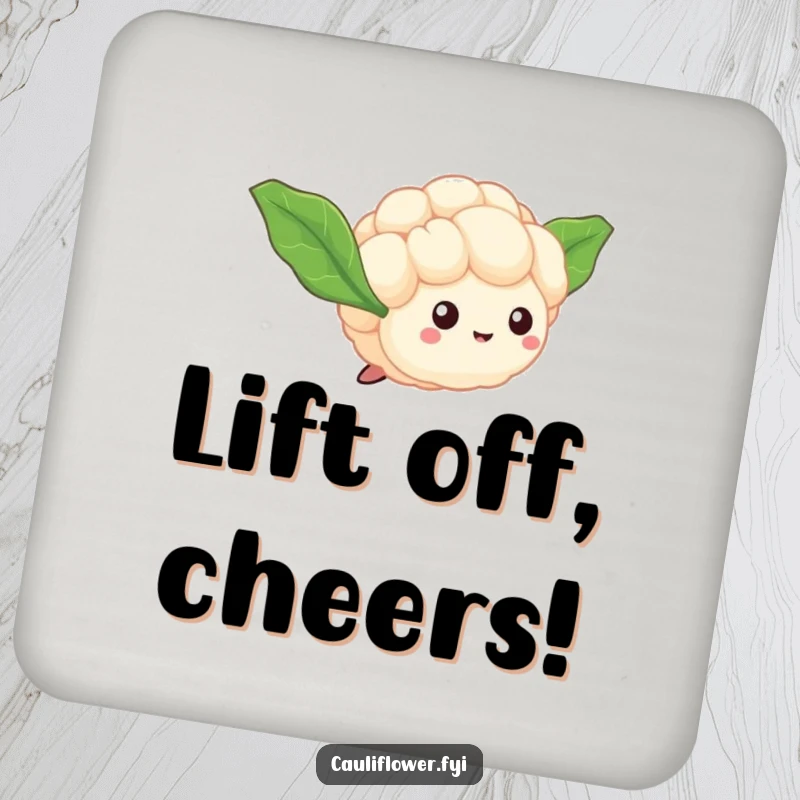 Funny Cauliflower Floret Coaster featuring a tiny veggie with leaf wings, humorously taking flight to protect surfaces.