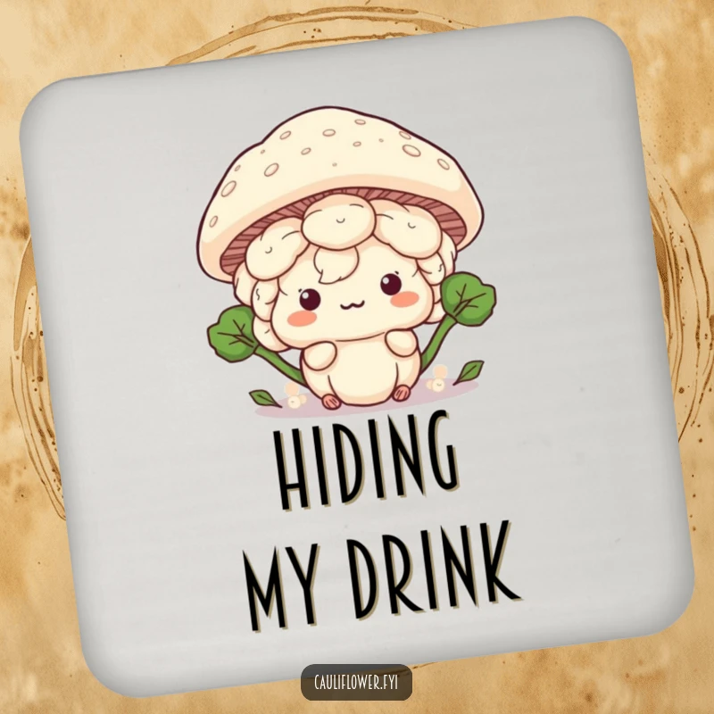 Funny Kawaii cauliflower hiding behind a giant mushroom cap, a humorous and protective drink coaster.