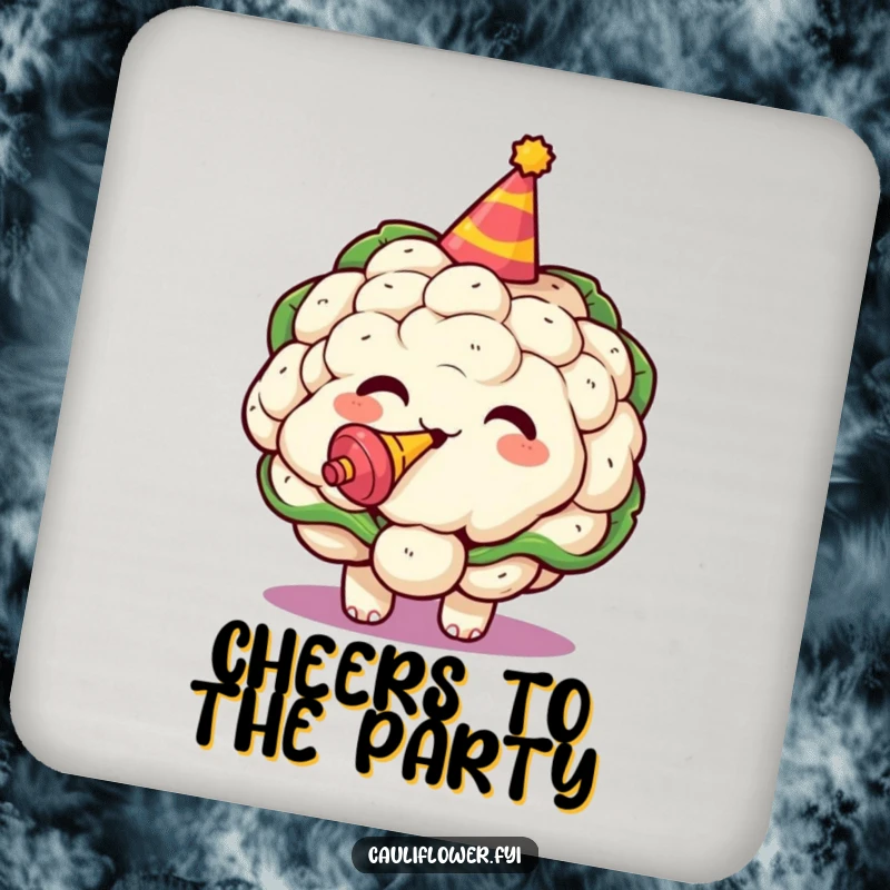 Funny coasters featuring a kawaii cauliflower in a party hat, celebrating with a noisemaker.
